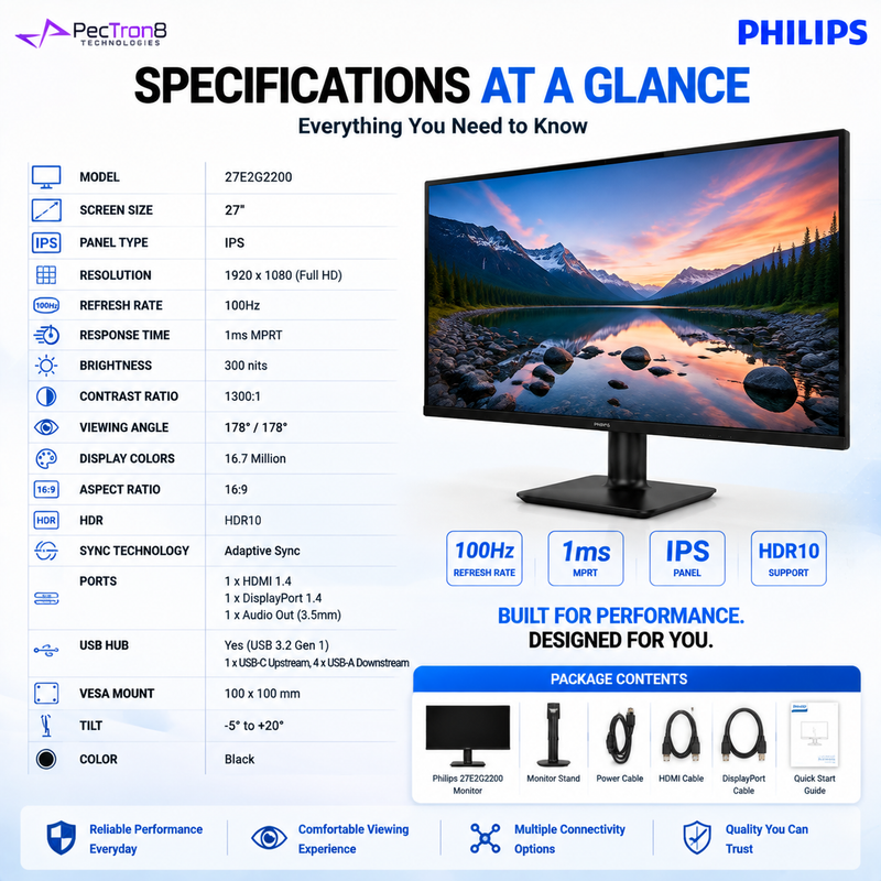 Philips 27E2G2200 27" Full HD IPS Monitor | 144Hz | 0.5ms MPRT | Adaptive Sync | HDR10 | HDMI 1.4 | DisplayPort 1.4 | VESA