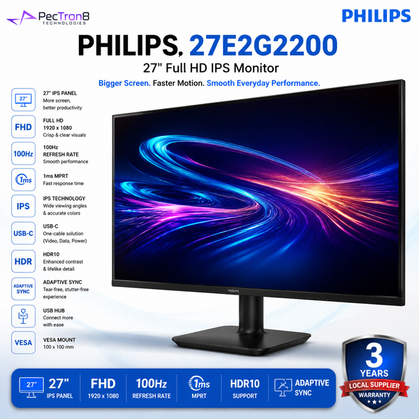 Philips 27E2G2200 27" Full HD IPS Monitor | 144Hz | 0.5ms MPRT | Adaptive Sync | HDR10 | HDMI 1.4 | DisplayPort 1.4 | VESA