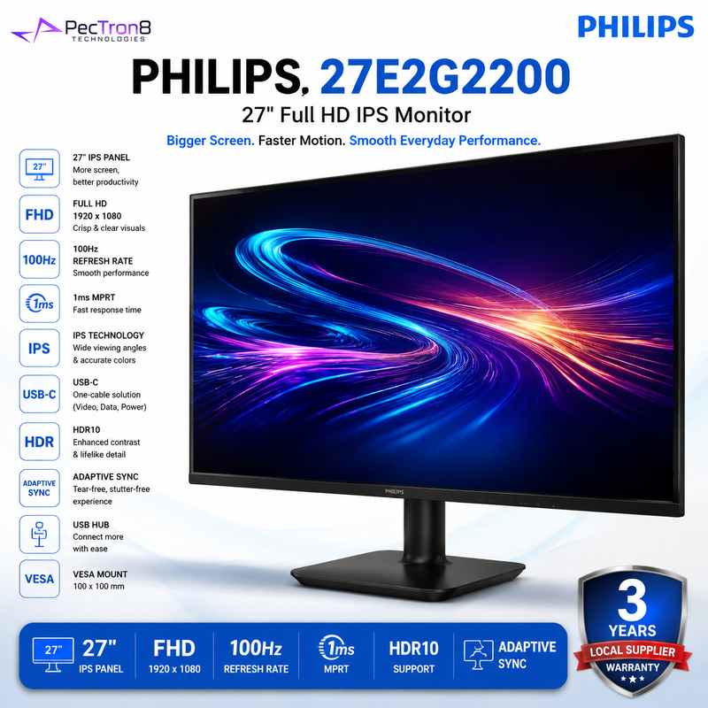 Philips 27E2G2200 27" Full HD IPS Monitor | 144Hz | 0.5ms MPRT | Adaptive Sync | HDR10 | HDMI 1.4 | DisplayPort 1.4 | VESA