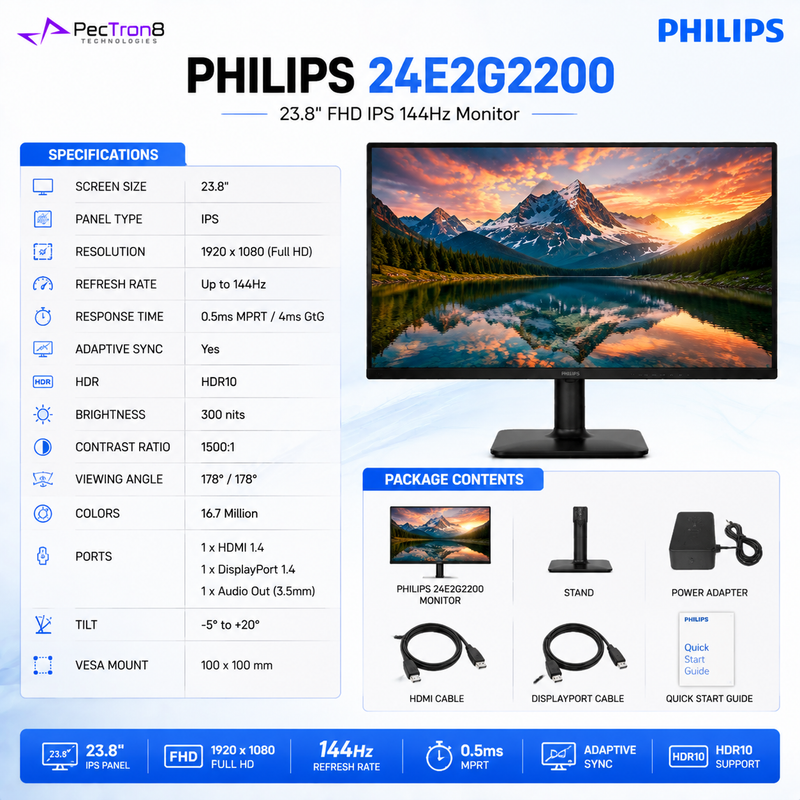 Philips 24E2G2200 23.8" Full HD IPS Monitor | 144Hz | 0.5ms MPRT | Adaptive Sync | HDR10 | HDMI 1.4 | DisplayPort 1.4 | VESA