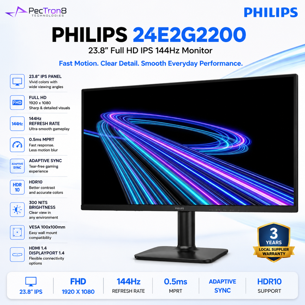 Philips 24E2G2200 23.8" Full HD IPS Monitor | 144Hz | 0.5ms MPRT | Adaptive Sync | HDR10 | HDMI 1.4 | DisplayPort 1.4 | VESA