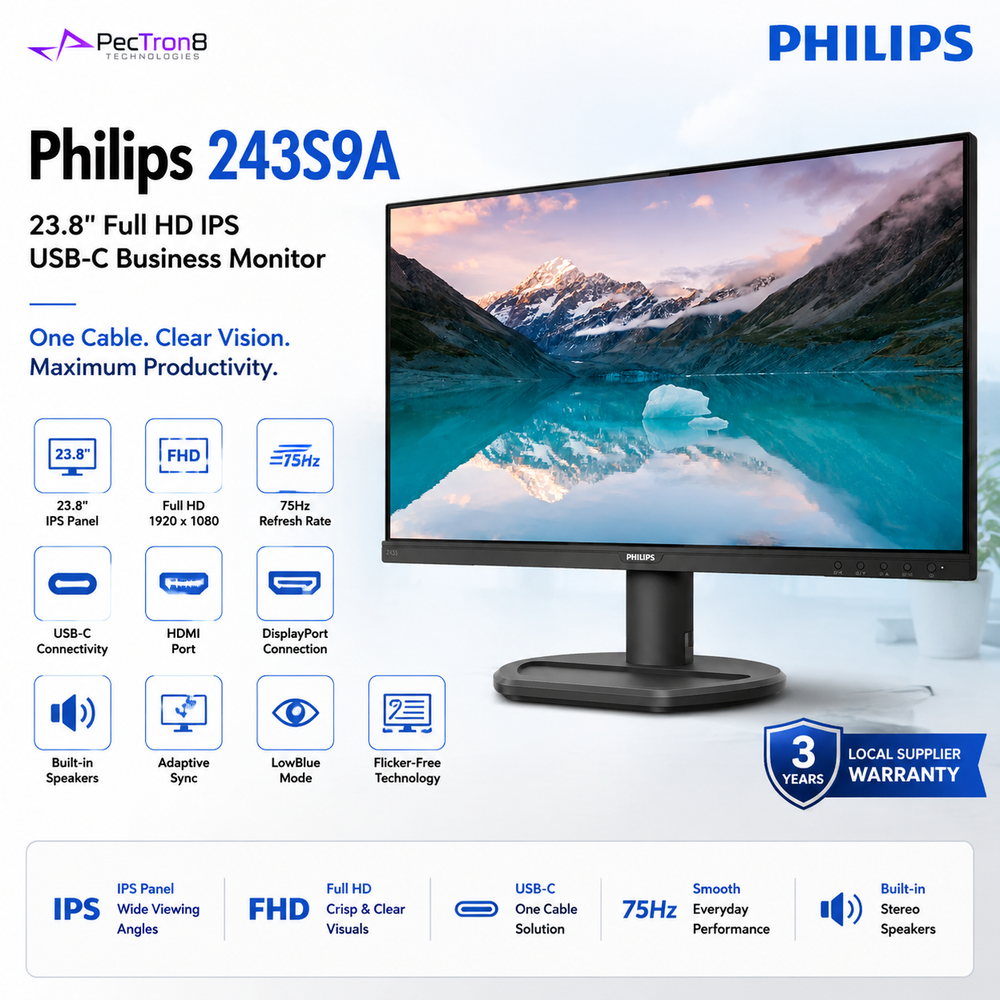 Philips 243S9A 23.8" Full HD IPS Monitor | 75Hz | USB-C | DisplayPort | HDMI | Built-in Speakers | VESA