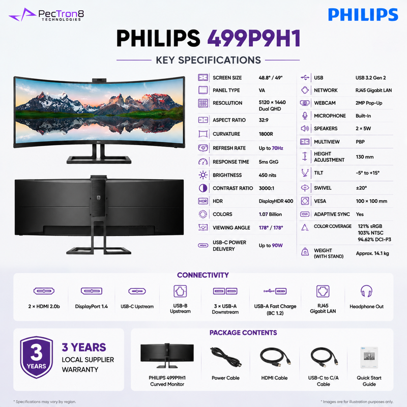 Philips 499P9H1 49" 32:9 SuperWide Curved Monitor – 5120×1440 Dual QHD, USB-C 90W, HDR400, RJ45, Webcam, USB Hub & Speakers