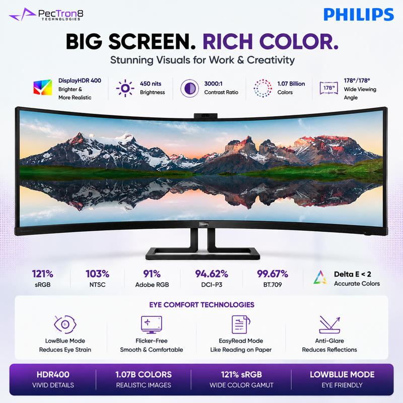 Philips 499P9H1 49" 32:9 SuperWide Curved Monitor – 5120×1440 Dual QHD, USB-C 90W, HDR400, RJ45, Webcam, USB Hub & Speakers