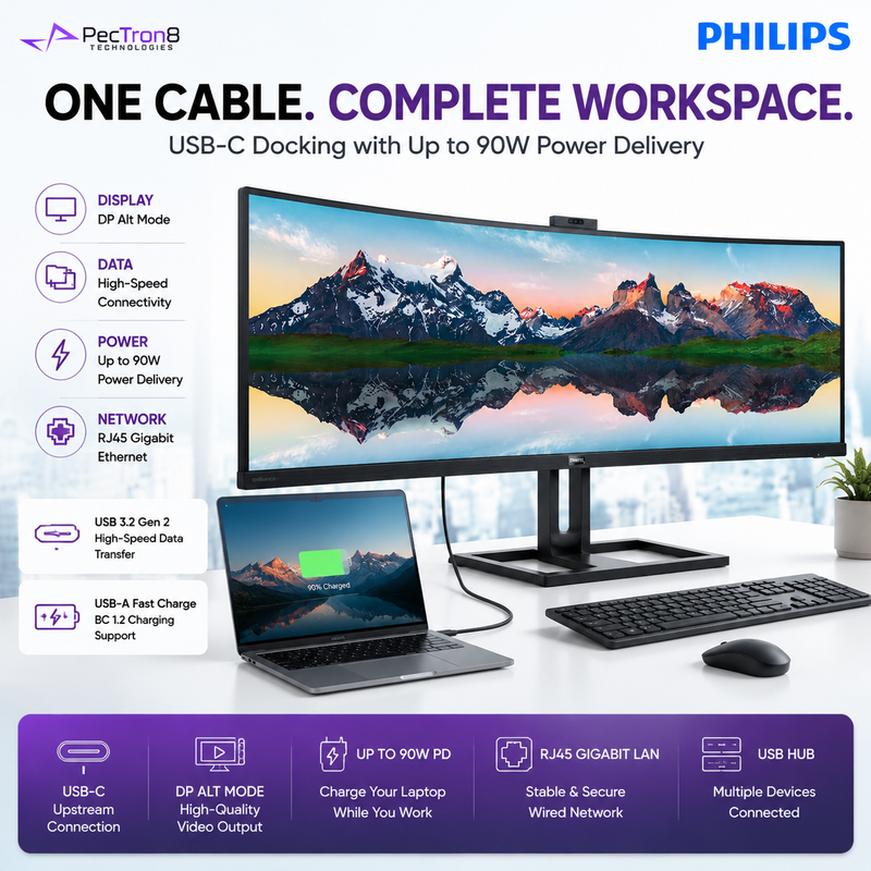 Philips 499P9H1 49" 32:9 SuperWide Curved Monitor – 5120×1440 Dual QHD, USB-C 90W, HDR400, RJ45, Webcam, USB Hub & Speakers