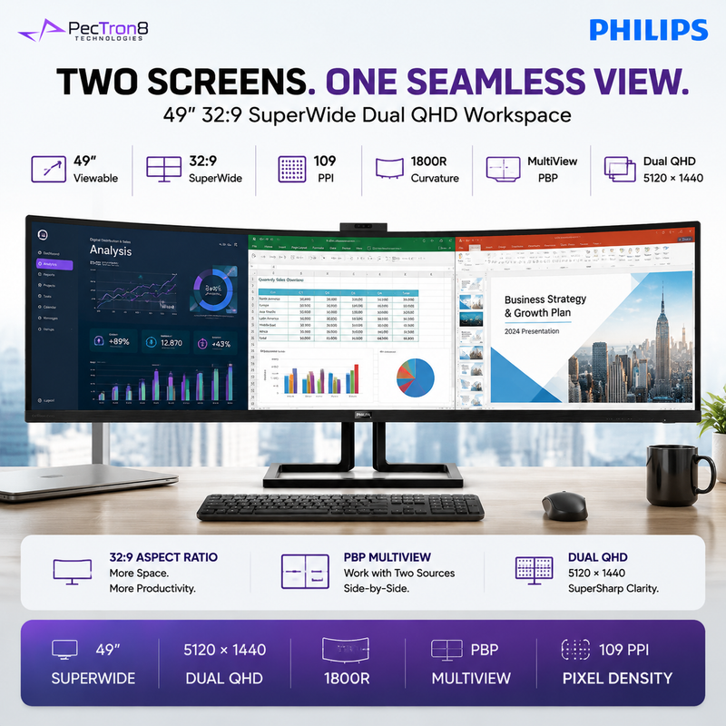 Philips 499P9H1 49" 32:9 SuperWide Curved Monitor – 5120×1440 Dual QHD, USB-C 90W, HDR400, RJ45, Webcam, USB Hub & Speakers