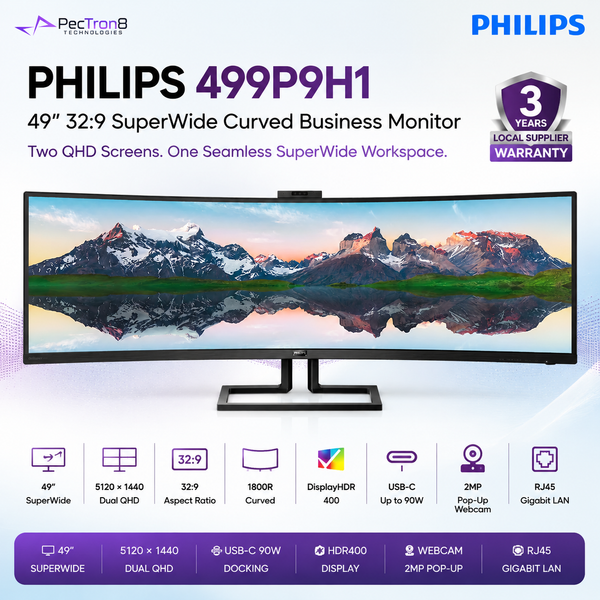 Philips 499P9H1 49" 32:9 SuperWide Curved Monitor – 5120×1440 Dual QHD, USB-C 90W, HDR400, RJ45, Webcam, USB Hub & Speakers