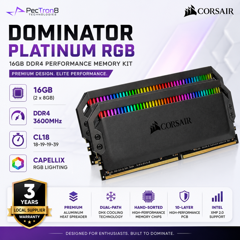 CORSAIR DOMINATOR PLATINUM RGB 16GB (2×8GB) & 32GB (2x16) DDR4 3600MHz CL18 Desktop Memory Kit – Black | CMT16GX4M2C3600C18