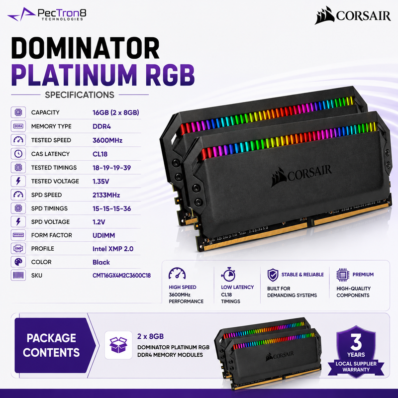 CORSAIR DOMINATOR PLATINUM RGB 16GB (2×8GB) & 32GB (2x16) DDR4 3600MHz CL18 Desktop Memory Kit – Black | CMT16GX4M2C3600C18