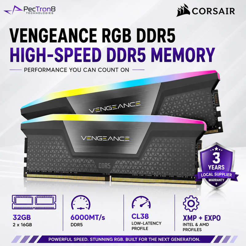 CORSAIR VENGEANCE RGB 32GB (2×16GB) DDR5 6000MT/s CL38 Memory Kit – Grey, AMD EXPO & Intel XMP | CMH32GX5M2D6000Z38