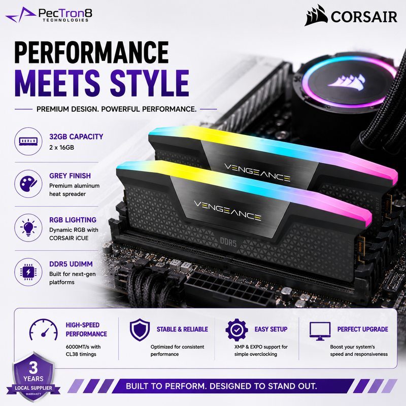 CORSAIR VENGEANCE RGB 32GB (2×16GB) DDR5 6000MT/s CL38 Memory Kit – Grey, AMD EXPO & Intel XMP | CMH32GX5M2D6000Z38