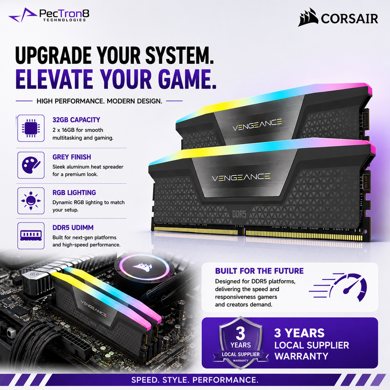 CORSAIR VENGEANCE RGB 32GB (2×16GB) DDR5 6000MT/s CL38 Memory Kit – Grey, AMD EXPO & Intel XMP | CMH32GX5M2D6000Z38