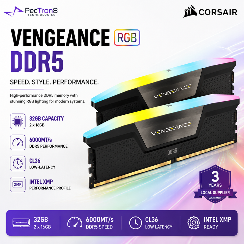 CORSAIR VENGEANCE RGB 32GB (2×16GB) DDR5 6000MT/s CL36 Memory Kit – Black, Intel XMP | CMH32GX5M2E6000C36