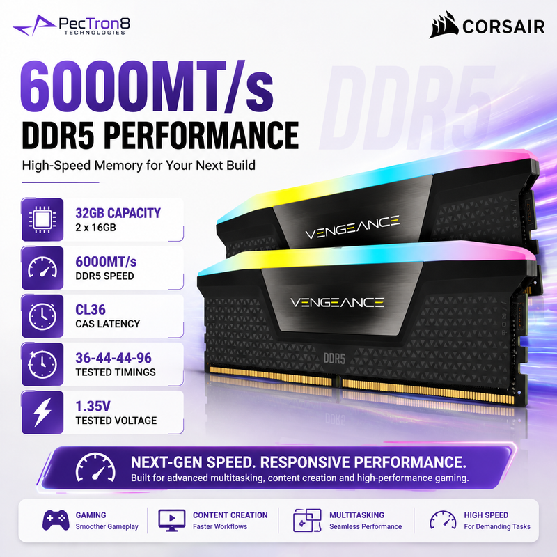 CORSAIR VENGEANCE RGB 32GB (2×16GB) DDR5 6000MT/s CL36 Memory Kit – Black, Intel XMP | CMH32GX5M2E6000C36