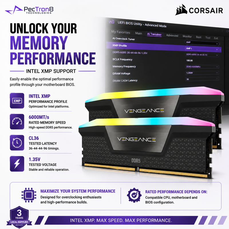 CORSAIR VENGEANCE RGB 32GB (2×16GB) DDR5 6000MT/s CL36 Memory Kit – Black, Intel XMP | CMH32GX5M2E6000C36
