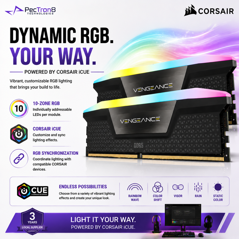 CORSAIR VENGEANCE RGB 32GB (2×16GB) DDR5 6000MT/s CL36 Memory Kit – Black, Intel XMP | CMH32GX5M2E6000C36