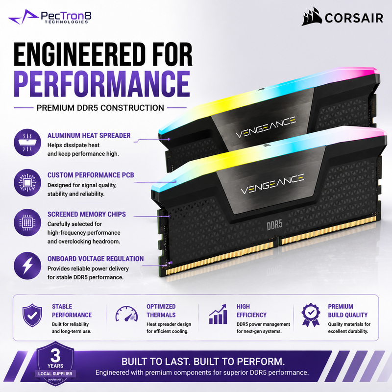 CORSAIR VENGEANCE RGB 32GB (2×16GB) DDR5 6000MT/s CL36 Memory Kit – Black, Intel XMP | CMH32GX5M2E6000C36