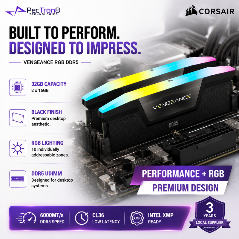 CORSAIR VENGEANCE RGB 32GB (2×16GB) DDR5 6000MT/s CL36 Memory Kit – Black, Intel XMP | CMH32GX5M2E6000C36