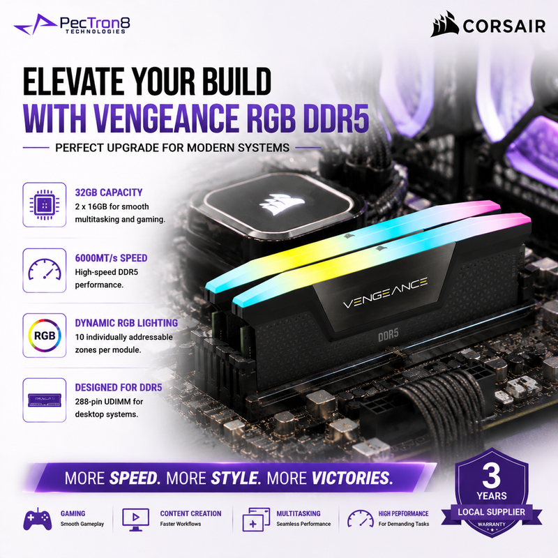 CORSAIR VENGEANCE RGB 32GB (2×16GB) DDR5 6000MT/s CL36 Memory Kit – Black, Intel XMP | CMH32GX5M2E6000C36