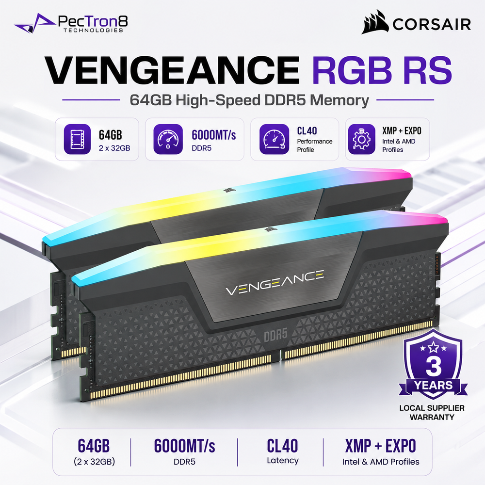 CORSAIR VENGEANCE RGB RS 64GB (2×32GB) DDR5 6000MT/s CL40 Memory Kit – Grey, AMD EXPO & Intel XMP | CMG64GX5M2D6000Z40