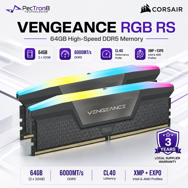 CORSAIR VENGEANCE RGB RS 64GB (2×32GB) DDR5 6000MT/s CL40 Memory Kit – Grey, AMD EXPO & Intel XMP | CMG64GX5M2D6000Z40