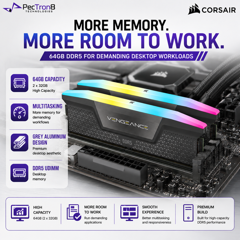 CORSAIR VENGEANCE RGB RS 64GB (2×32GB) DDR5 6000MT/s CL40 Memory Kit – Grey, AMD EXPO & Intel XMP | CMG64GX5M2D6000Z40