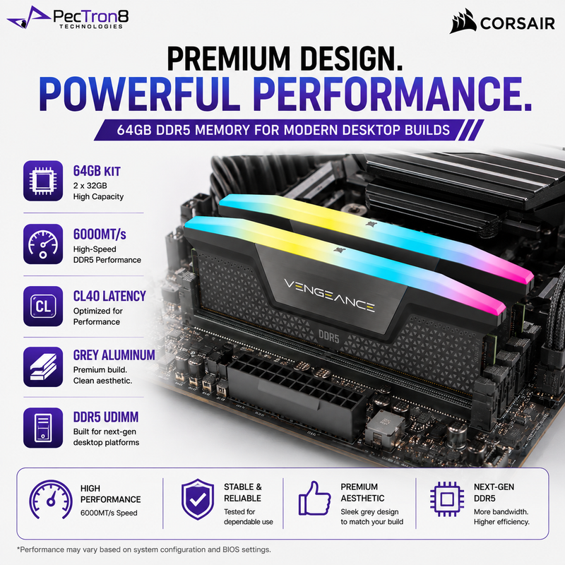 CORSAIR VENGEANCE RGB RS 64GB (2×32GB) DDR5 6000MT/s CL40 Memory Kit – Grey, AMD EXPO & Intel XMP | CMG64GX5M2D6000Z40