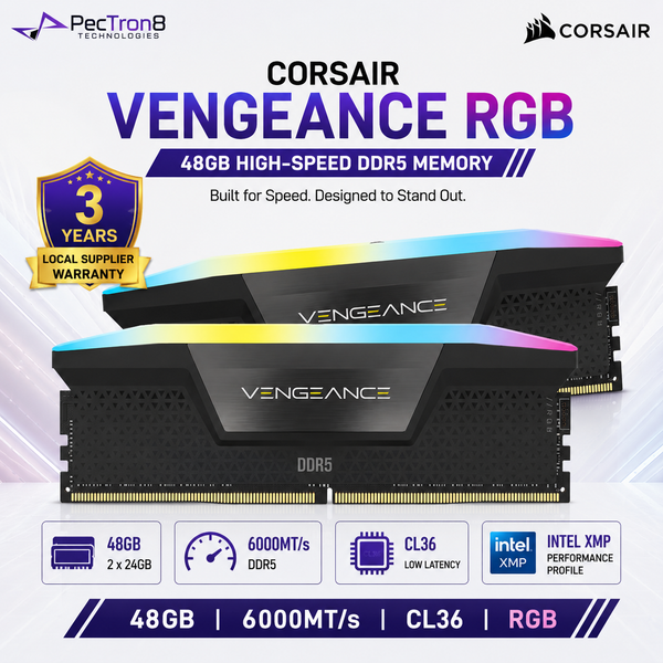 CORSAIR VENGEANCE RGB 48GB (2×24GB) DDR5 6000MT/s CL36 Memory Kit – Black, Intel XMP | CMH48GX5M2E6000C36