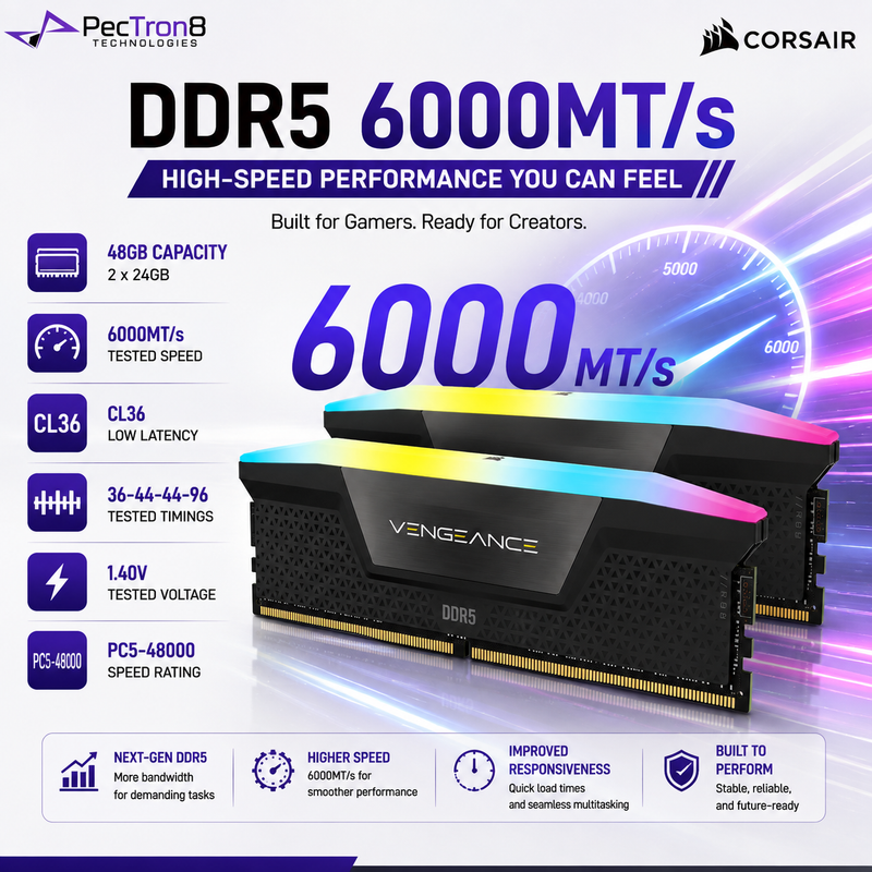 CORSAIR VENGEANCE RGB 48GB (2×24GB) DDR5 6000MT/s CL36 Memory Kit – Black, Intel XMP | CMH48GX5M2E6000C36