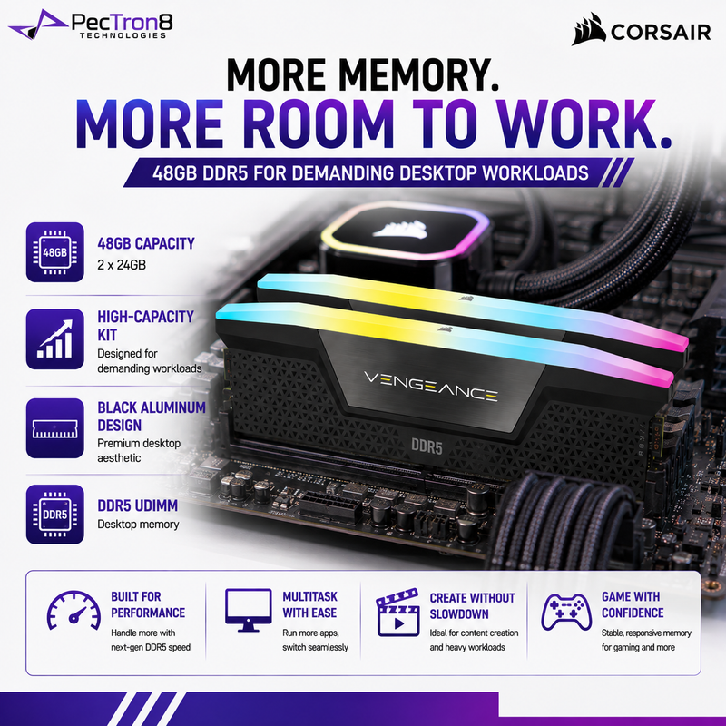 CORSAIR VENGEANCE RGB 48GB (2×24GB) DDR5 6000MT/s CL36 Memory Kit – Black, Intel XMP | CMH48GX5M2E6000C36