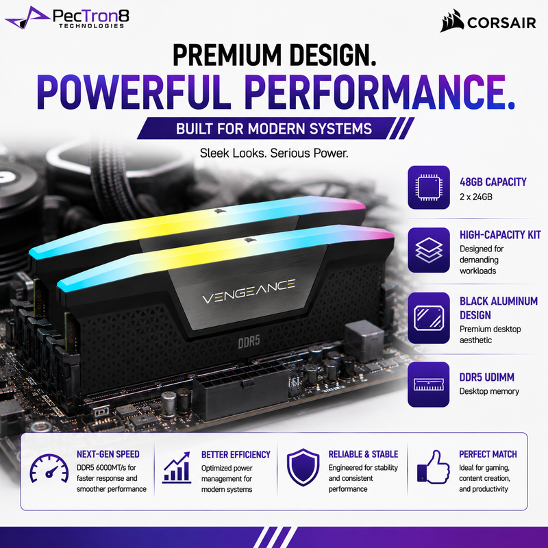 CORSAIR VENGEANCE RGB 48GB (2×24GB) DDR5 6000MT/s CL36 Memory Kit – Black, Intel XMP | CMH48GX5M2E6000C36