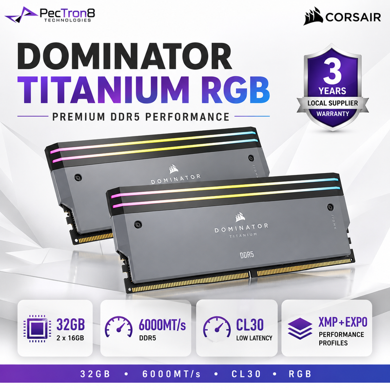 CORSAIR DOMINATOR TITANIUM RGB 32GB (2×16GB) DDR5 6000MT/s CL30 1.40V Memory – Grey, Intel XMP & AMD EXPO | CMP32GX5M2B6000Z30