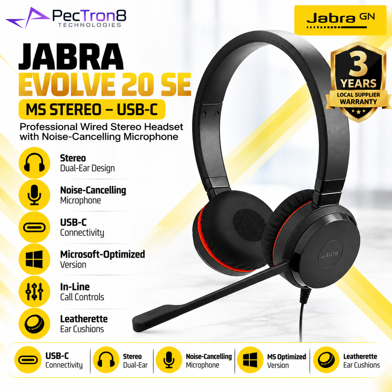 Jabra Evolve 20 SE MS Stereo USB-C Wired Headset | Noise-Cancelling Mic