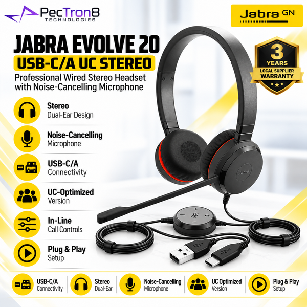 Jabra Evolve 20 USB-C/A UC Stereo Wired Headset | Noise-Cancelling Mic