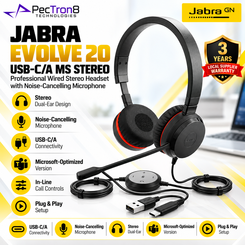 Jabra Evolve 20 USB-C/A MS Stereo Wired Headset | Noise-Cancelling Mic