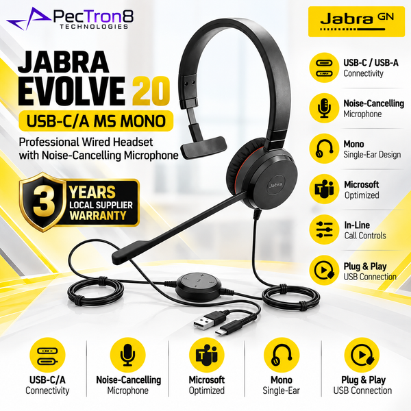 Jabra Evolve 20 USB-C/A MS Mono Wired Headset | Noise-Cancelling Mic
