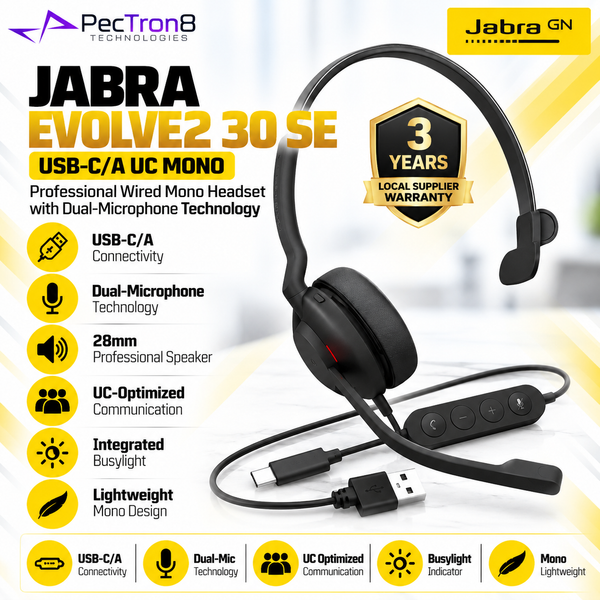 Jabra Evolve2 30 SE USB-C/A UC Mono Headset | Dual-Mic & Busylight