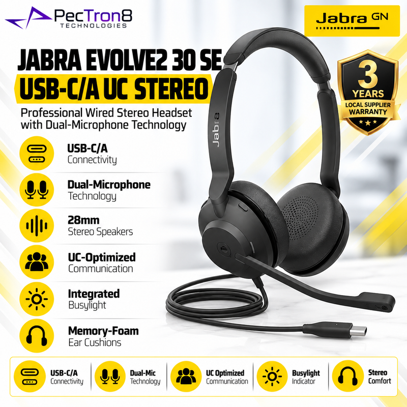 Jabra Evolve2 30 SE UC Stereo USB-C/A Headset | Dual-Mic & Busylight