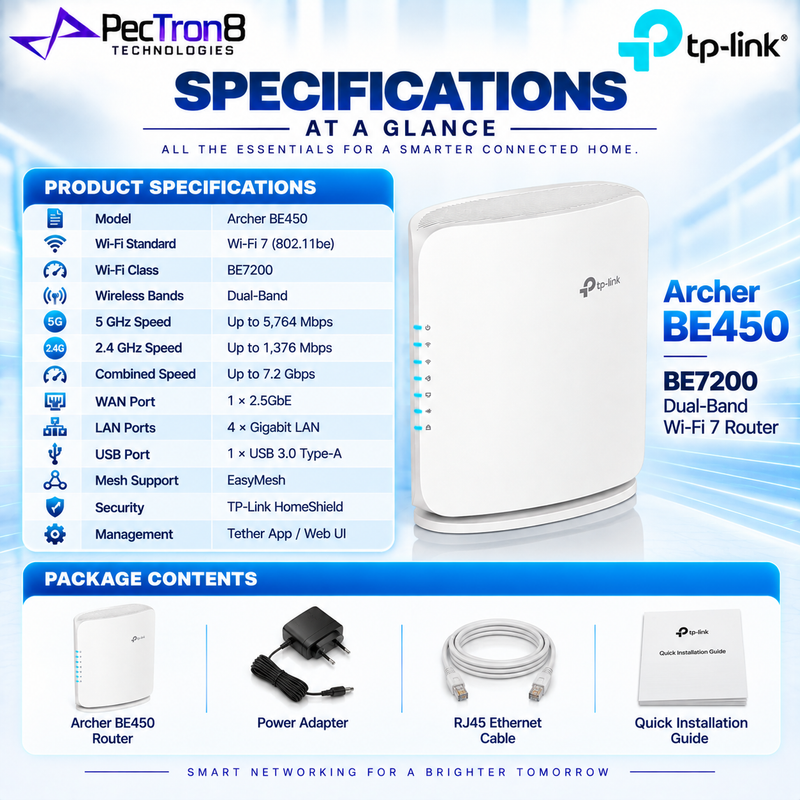TP-Link Archer BE450 BE7200 Dual-Band Wi-Fi 7 Router – 2.5GbE WAN, EasyMesh, USB 3.0, HomeShield