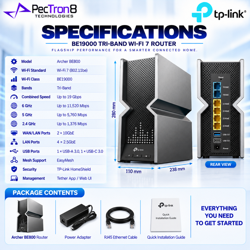 TP-Link Archer BE800 BE19000 Tri-Band Wi-Fi 7 Router – Dual 10GbE, 4×2.5GbE, LED Display, EasyMesh