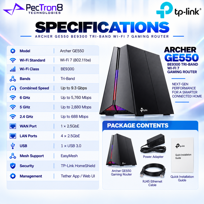 TP-Link Archer GE550 BE9300 Tri-Band Wi-Fi 7 Gaming Router – 2.5GbE Multi-Gig Ports, RGB Lighting, EasyMesh