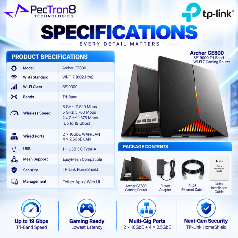 TP-Link Archer GE800 BE19000 Tri-Band Wi-Fi 7 Gaming Router – Dual 10GbE, 4×2.5GbE, RGB Lighting, EasyMesh