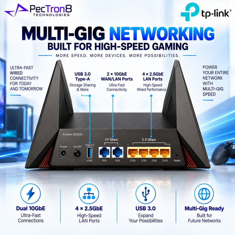 TP-Link Archer GE800 BE19000 Tri-Band Wi-Fi 7 Gaming Router – Dual 10GbE, 4×2.5GbE, RGB Lighting, EasyMesh