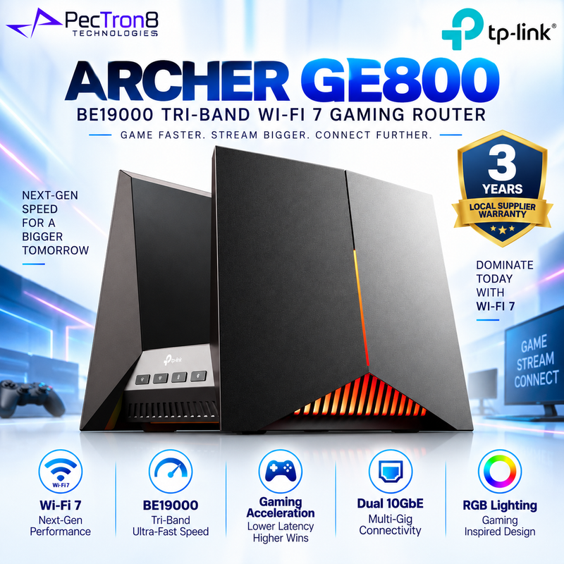 TP-Link Archer GE800 BE19000 Tri-Band Wi-Fi 7 Gaming Router – Dual 10GbE, 4×2.5GbE, RGB Lighting, EasyMesh