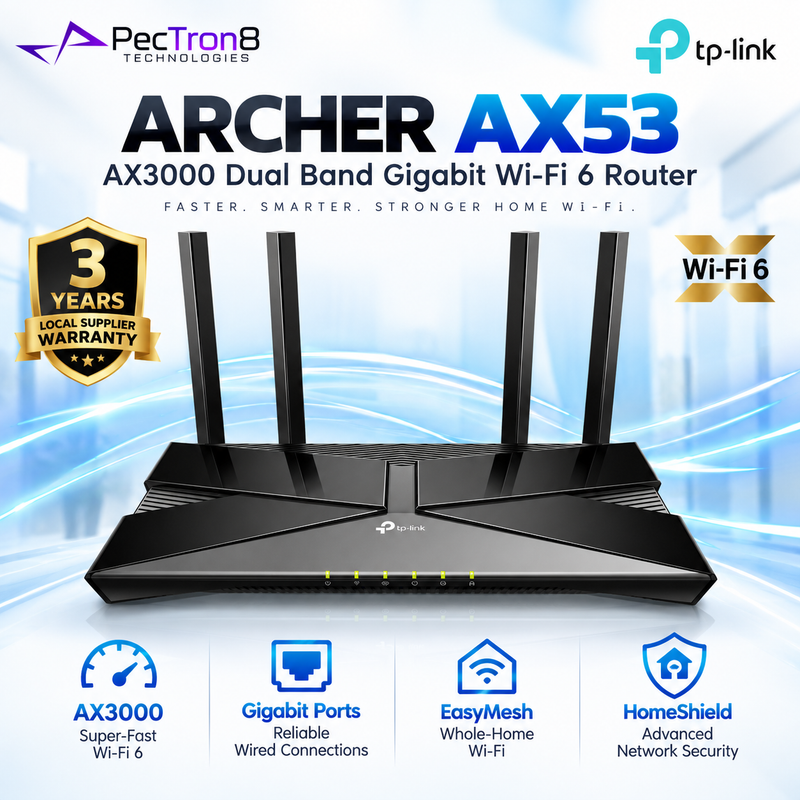 TP-Link Archer AX53 AX3000 Dual Band Gigabit Wi-Fi 6 Router – EasyMesh, Gigabit Ports, USB 2.0, HomeShield
