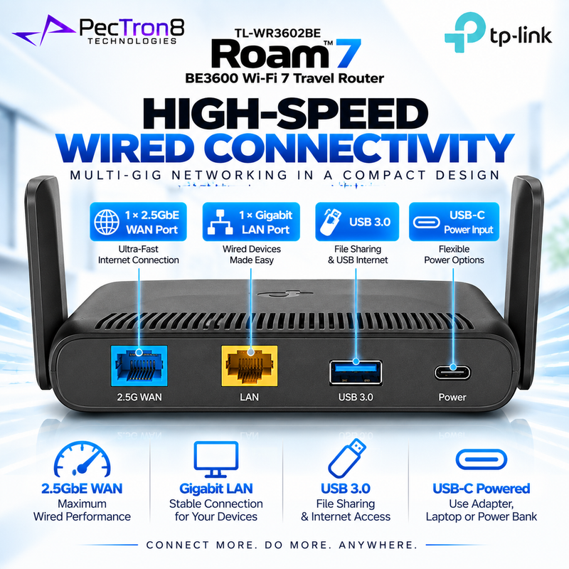 TP-Link TL-WR3602BE Roam™ 7 BE3600 Wi-Fi 7 Travel Router – 2.5GbE WAN, USB 3.0, VPN, USB-C Powered