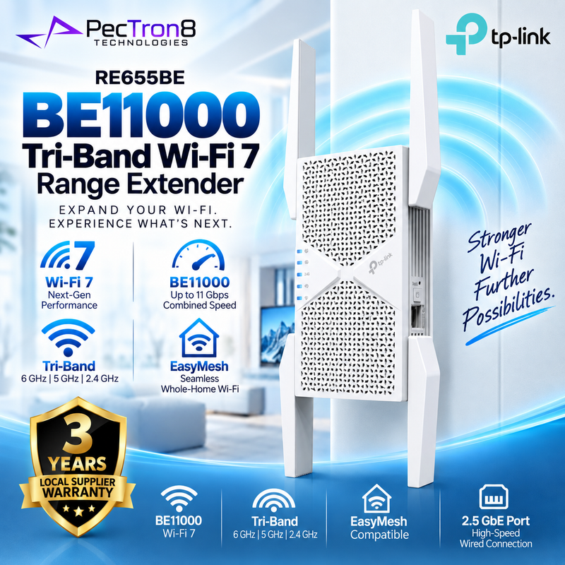 TP-Link RE655BE BE11000 Tri-Band Wi-Fi 7 Range Extender – EasyMesh, 2.5GbE Port, WPA3, Access Point Mode