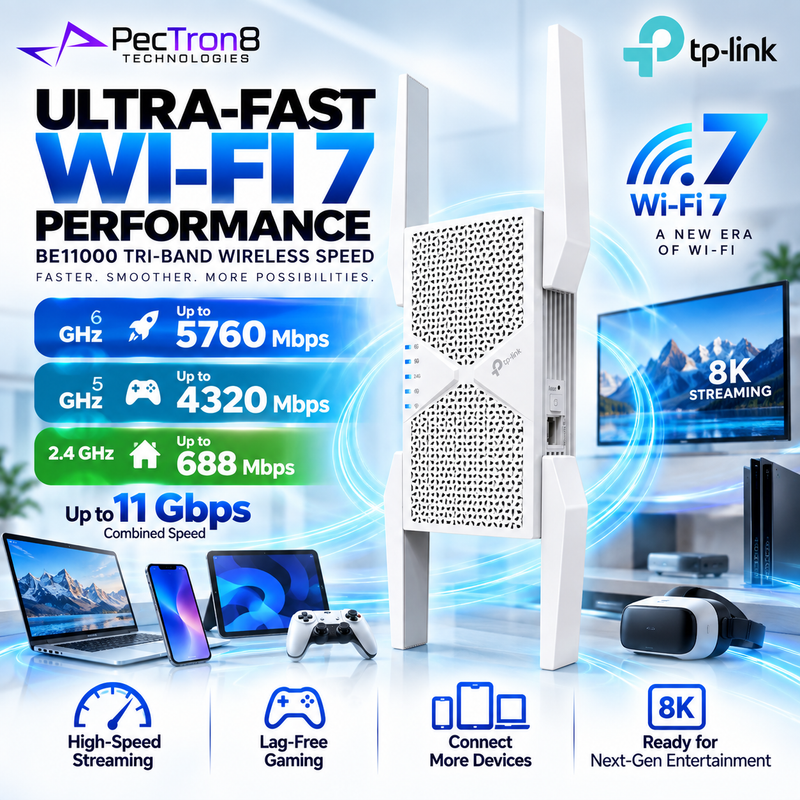 TP-Link RE655BE BE11000 Tri-Band Wi-Fi 7 Range Extender – EasyMesh, 2.5GbE Port, WPA3, Access Point Mode