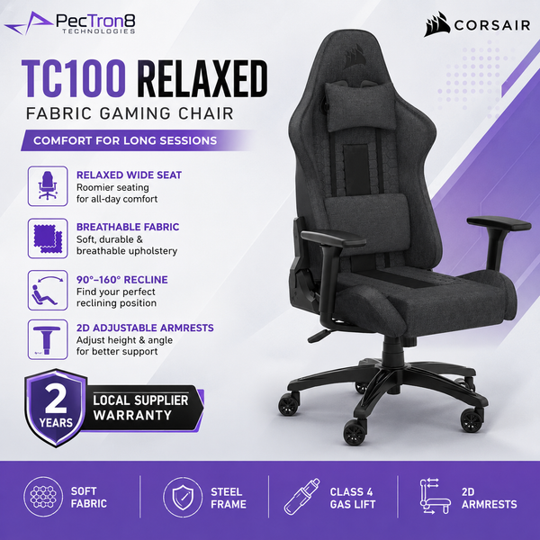 CORSAIR TC100 RELAXED Fabric Gaming Chair Black/Grey – Ergonomic Wide Seat, 2D Armrests, 90°–160° Recline | CF-9010052-WW