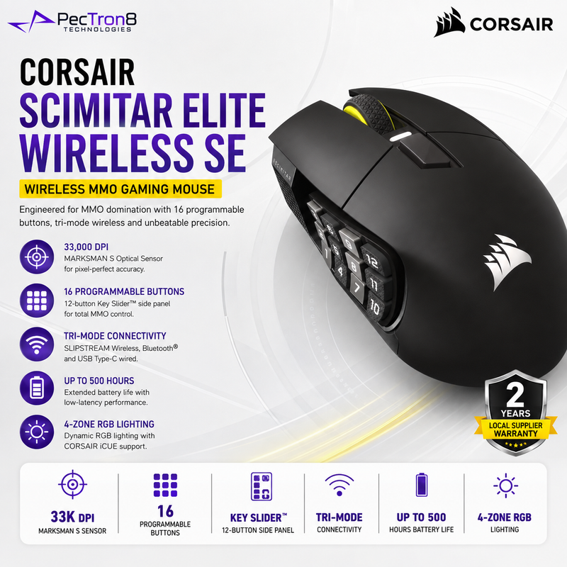 CORSAIR SCIMITAR ELITE WIRELESS SE Gaming Mouse | 33K DPI | 16 Programmable Buttons | Tri-Mode Wireless